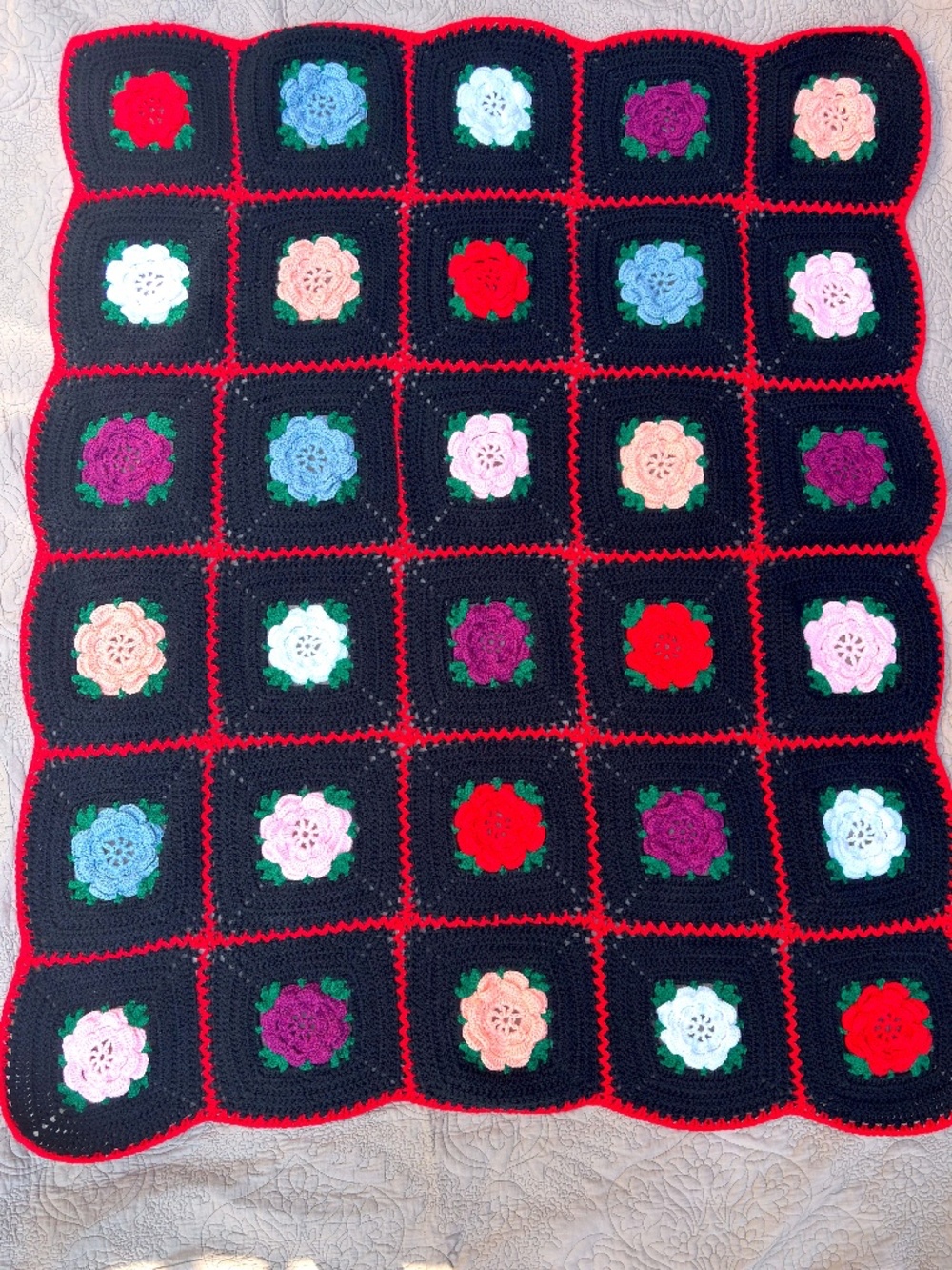 Handmade Crochet Afghan Throw 50.5x50.5 IN 3D Rose Floral Granny Square Blanket